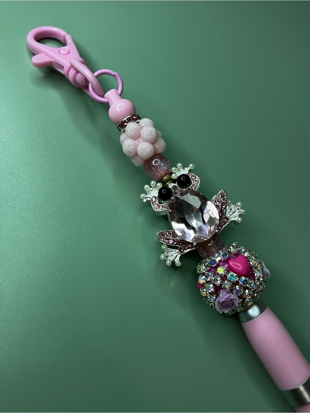 Pink Rhinestone Frog Handmade Beaded Keychain Pen - Picture 5 of 8